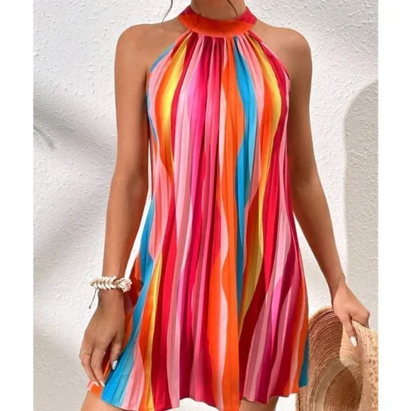 Multicolor Colorblock Print Halter Neck Mini Dress - Picture 1 of 5